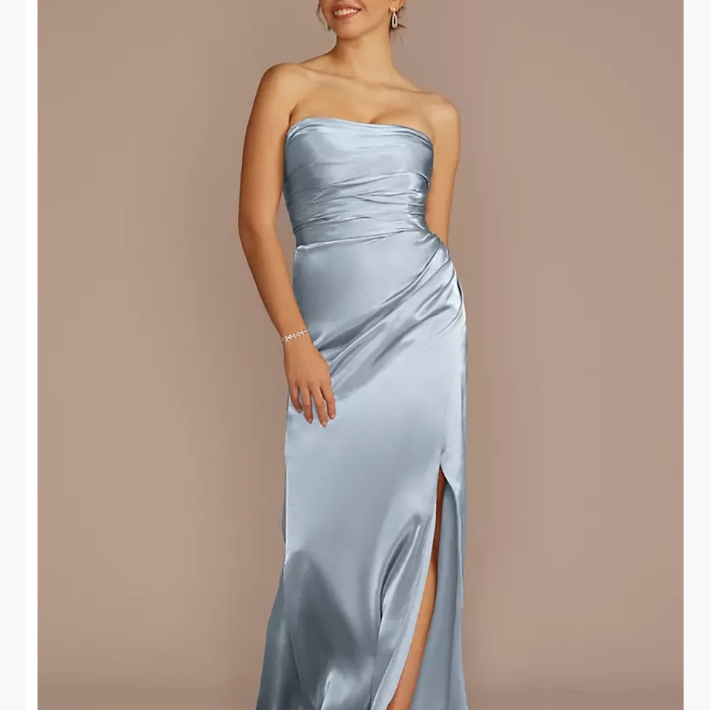 Strapless Satin Evening Dress in Pale Blue with Side Slit